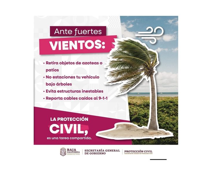 Advierte Protección Civil BC sobre vientos fuertes durante próximos días