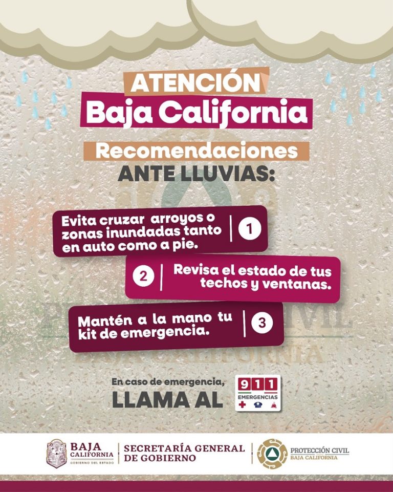 Exhorta Protección Civil BC a tomar precauciones ante pronóstico de precipitaciones para el fin de semana