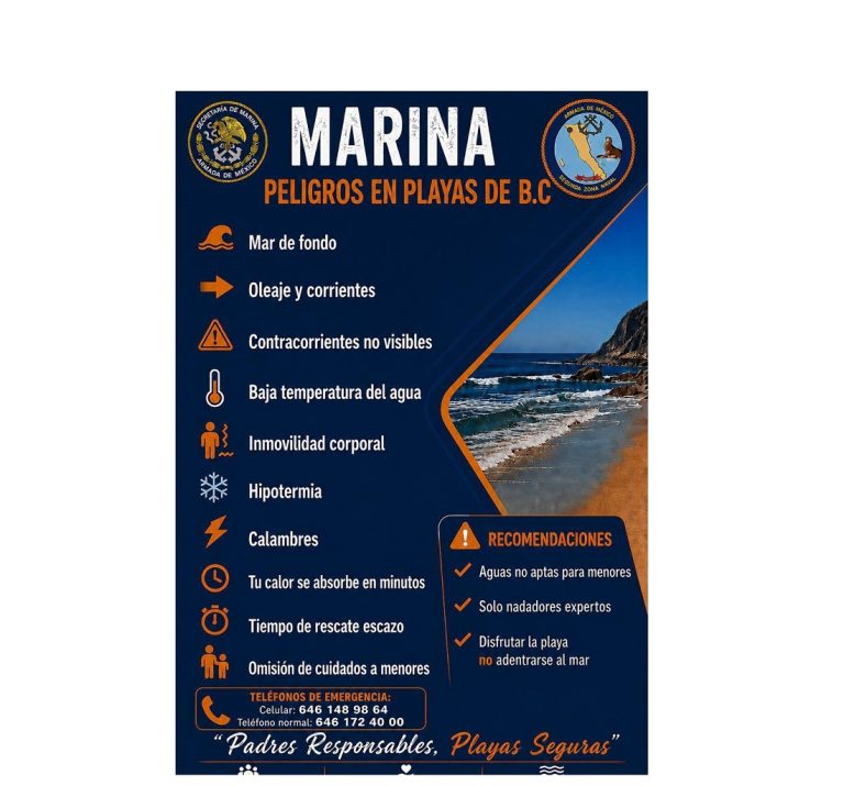 Marina exhorta a la población a prevenir riesgos y peligros en playas de Baja California